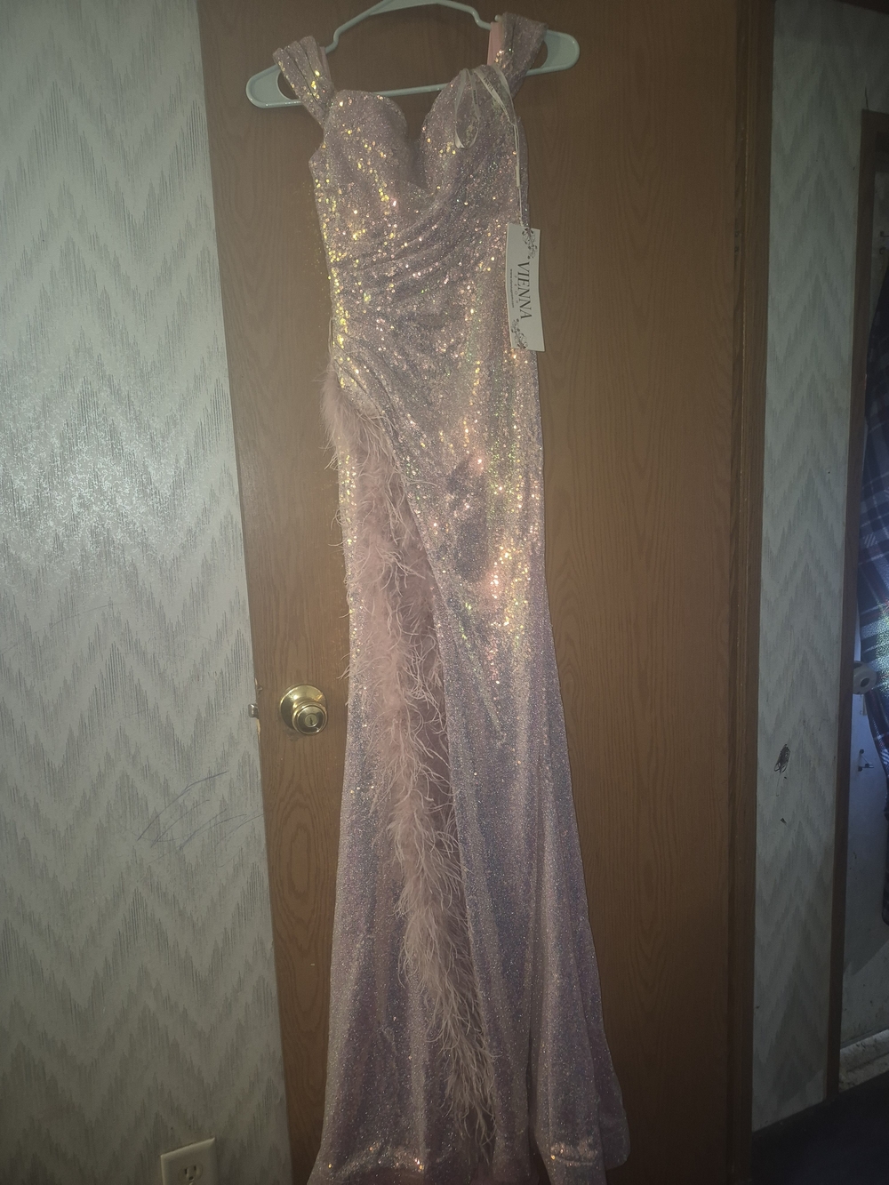 Vienna Prom Sparkling Feather-Trim Mermaid Gown - Light Pink